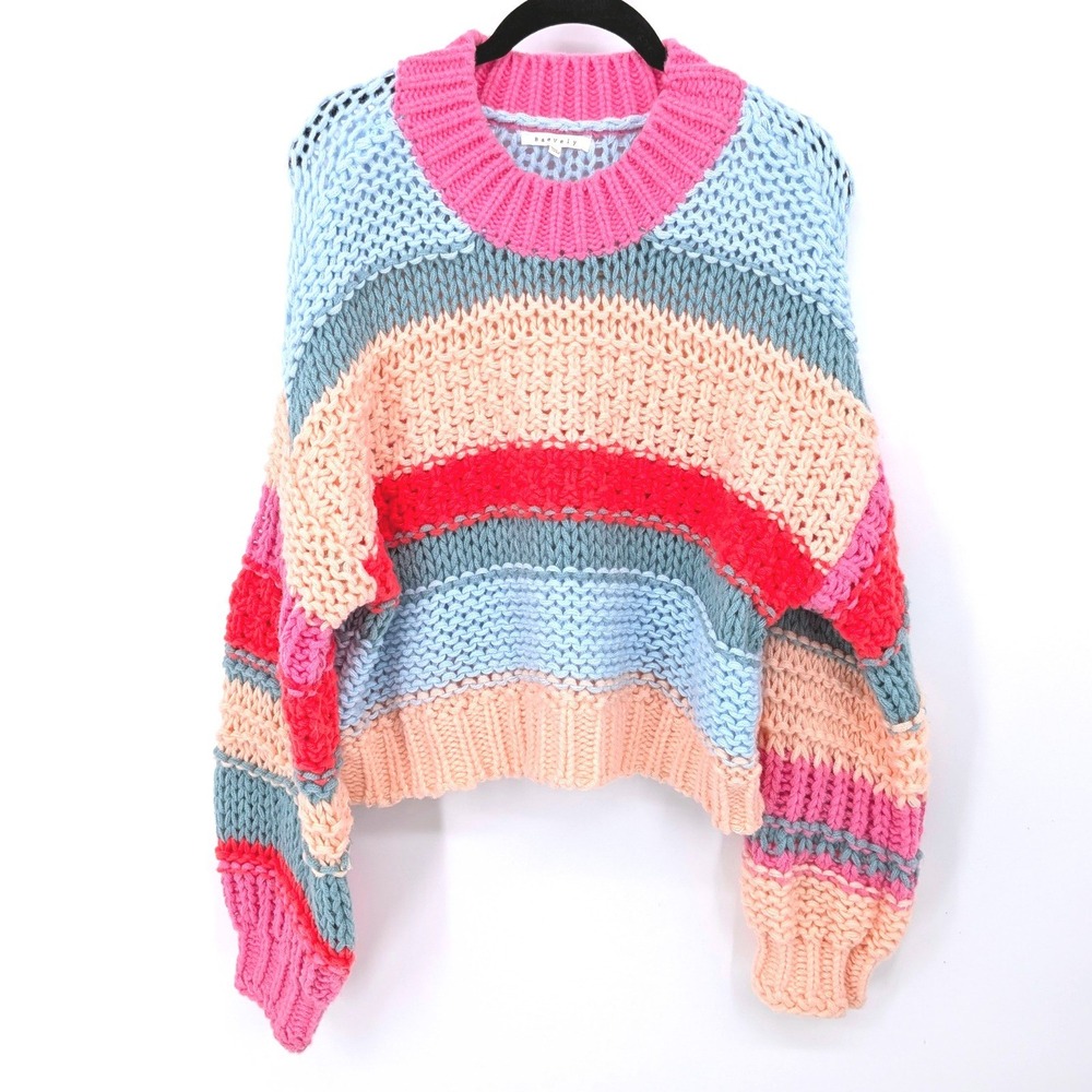 Baevely Striped Chunky Knit Sweater Womens Medium Multicolor Crewneck Cropped